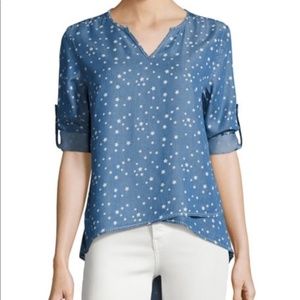 Neiman Marcus Star Print Chambray Blouse